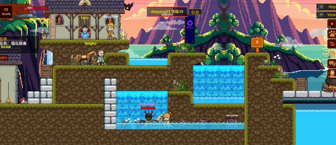 A screenshot of a 2D pixel-art multiplayer game, showing characters navigating a terrain of grassy platforms, stone blocks, and water, with a player named 'Reigho' visible on the left.