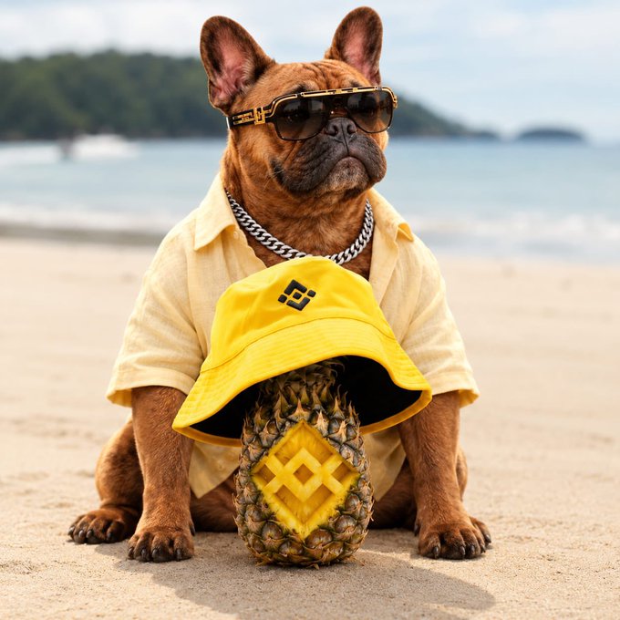 An AI-generated image of a French Bulldog wearing sunglasses and a yellow shirt, sitting on a beach with a pineapple between its legs featuring the Binance logo.