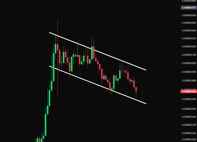 A candlestick chart displays #PEPE/USDT price action trading within a clearly defined descending channel, bounded by two parallel downward-sloping trendlines, with the current price marked at approximately 0.000003685 on the right axis, confirming the bearish consolidation pattern described.