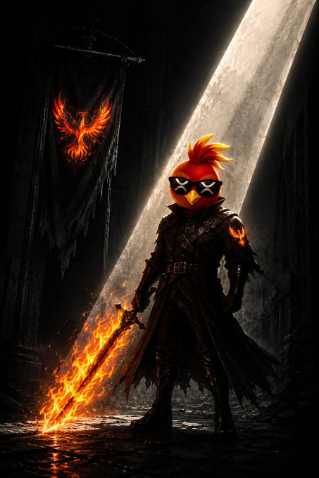 A fierce phoenix-headed warrior in dark armor stands defiantly in a shadowy hall, gripping a flaming sword beneath a glowing phoenix banner, embodying the rebirth and fiery strength referenced in the $PHNIX post.
