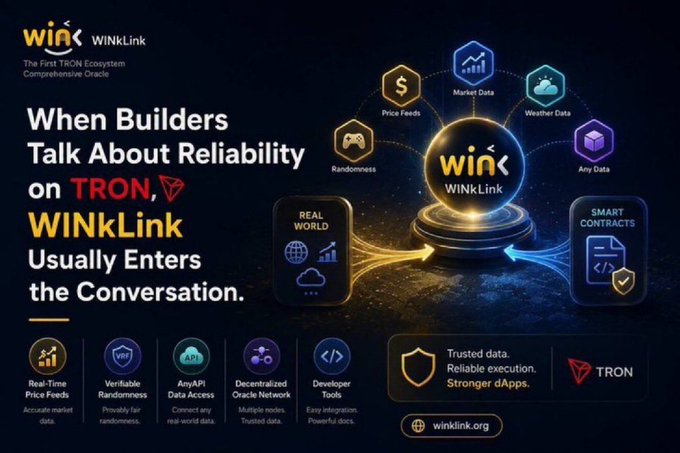 A promotional advertisement for WINkLink on the TRON blockchain, highlighting 'Real-Time Price Feeds', 'Verifiable Randomness', 'AnyAPI Data Access', and 'Decentralized Oracle Network'.