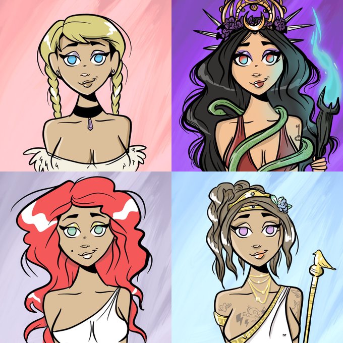 A 2x2 grid of digital character portraits featuring blonde hair with braids, a dark-haired goddess with a snake and torch, a red-haired woman, and a brown-haired woman with a staff.