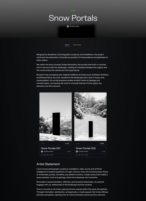 The image displays a webpage for "Snow Portals," an art exhibition by Ottessa Moshfegh, featuring two black-and-white photographs of monolith-like sculptures in snowy landscapes, labeled "Snow Portals 001" and "Snow Portals 002" with edition numbers "0.001," set against a dark background that complements the post's appreciation of the exhibition's visual aesthetic.
