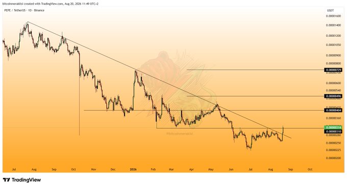 A TradingView daily chart of PEPE/USDT on Binance shows the price breaking above a descending trendline and the 0.00000310 resistance level, confirming the post's claim of reaching the first target, with further upside potential toward the marked resistance zones at approximately 0.00000440 and 0.00000728.