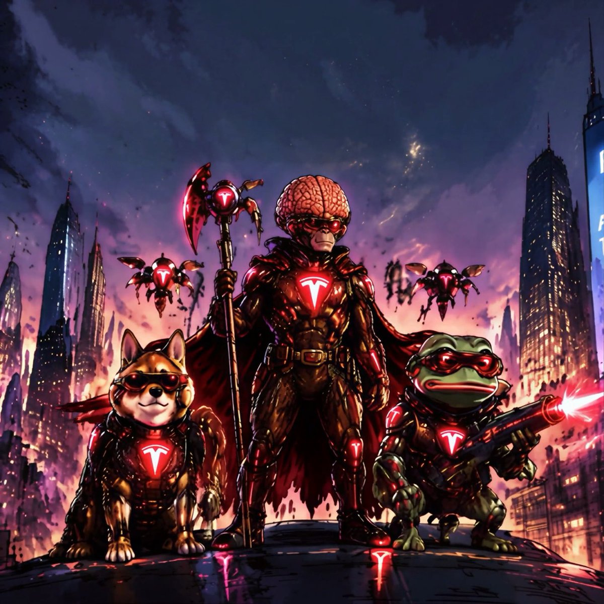 A stylized futuristic scene shows armored humanoid, dog, and frog characters wearing glowing red Tesla “T” logos, accompanied by small flying drones against a neon city skyline.