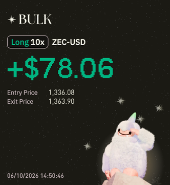 A trading screenshot displays a 'BULK' long position of 10x on ZEC-USD with a profit of +$78.06, entry price 1,336.08 and exit price 1,363.90, featuring a fluffy white yeti-like mascot.
