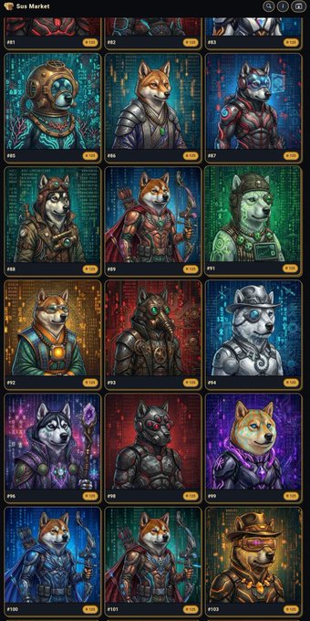 The image features a collection of twelve different paintings or drawings of dogs, each with unique poses and outfits. These artworks are displayed in an online marketplace where they are available for sale. The post highlights that these dog-themed items are being sold at a price of 20 NFTs (Neural Tokens). The artwork is organized into two columns, showcasing the variety of styles and subjects depicted by the artists.