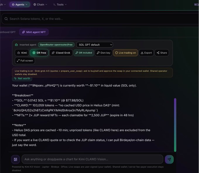 A dark-themed AI trading dashboard called 'Grok grok-4.5' displays a Solana wallet valuation of approximately $1.10 in liquid value, breaking down holdings into SOL ($1.10), CLAWD tokens, and claimable JUP reward NFTs, with a search bar at the bottom for 'Kimi CLAWD Vision'.