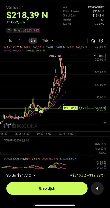 A Vietnamese cryptocurrency trading app showing a token priced at $218.39 N with a +13,229.78% gain, moving averages, and a portfolio balance of $317.12 with a +312.88% return.