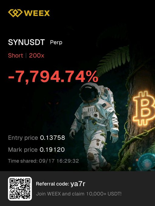 A promotional share card from WEEX displays a massive -7,794.74% loss on a short SYNUSDT perpetual position (200x leverage) with an entry price of 0.13758, emphasizing the high-risk nature of leveraged trading that the poster references when discussing their bearish outlook on $SYN. The card also features an astronaut visual, a glowing Bitcoin logo, and a referral code "ya7r" offering a signup bonus, aligning with the post's call for others' opinions on the token's direction.
