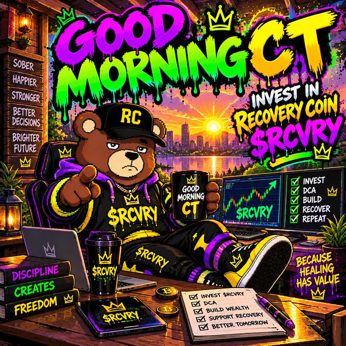 A colorful graffiti-style graphic reading 'Good Morning CT - Invest in Recovery Coin $RCVRY' featuring a bear mascot with a crown, holding a coffee mug, surrounded by motivational text like 'Discipline Creates Freedom' and 'Because Healing Has Value'.
