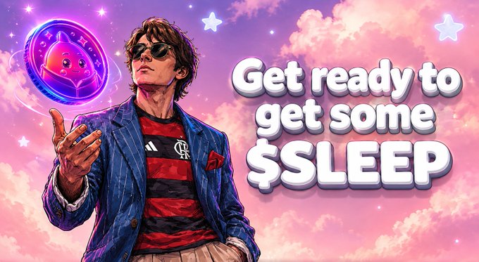 The image features an illustration of a man wearing sunglasses and a suit standing against a sky with clouds. The text "Get ready to get some sleep" is written above him, and there are stars scattered throughout the background. The caption below the illustration reads "This latest $SLEEP update from @sleepagotchi made their direction click for me. Most of us try to track sleep, health, habits, steps, mood... whatever. Then we forget the app exists for a week. Adding AI, wellness tools, and community around the same token gives people more".