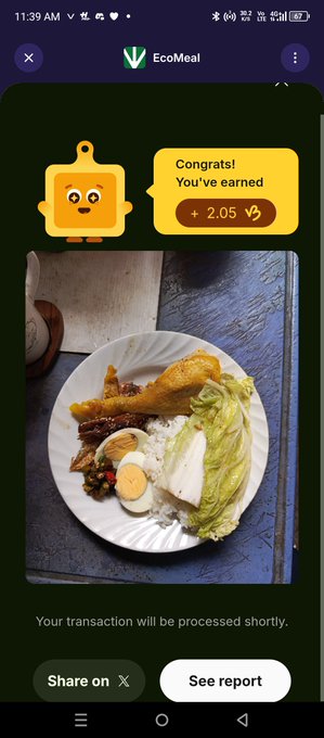 A mobile phone screenshot of the 'EcoMeal' app shows a yellow character mascot and a 'Congrats! You've earned + 2.05' message above a photo of a plate of food containing chicken, rice, egg, and cabbage.