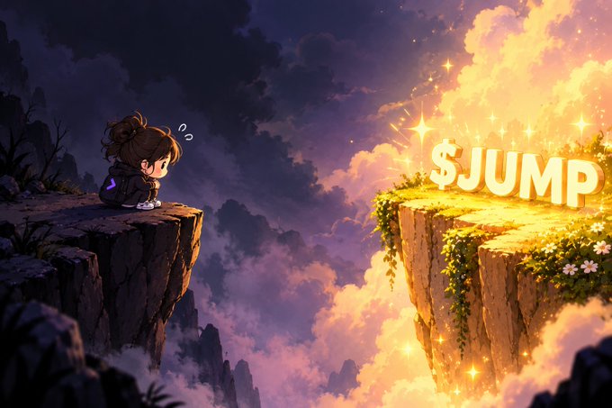 A chibi-style cartoon girl sits nervously on a dark cliff edge looking across a chasm of glowing clouds toward a golden cliff labeled '$JUMP'.