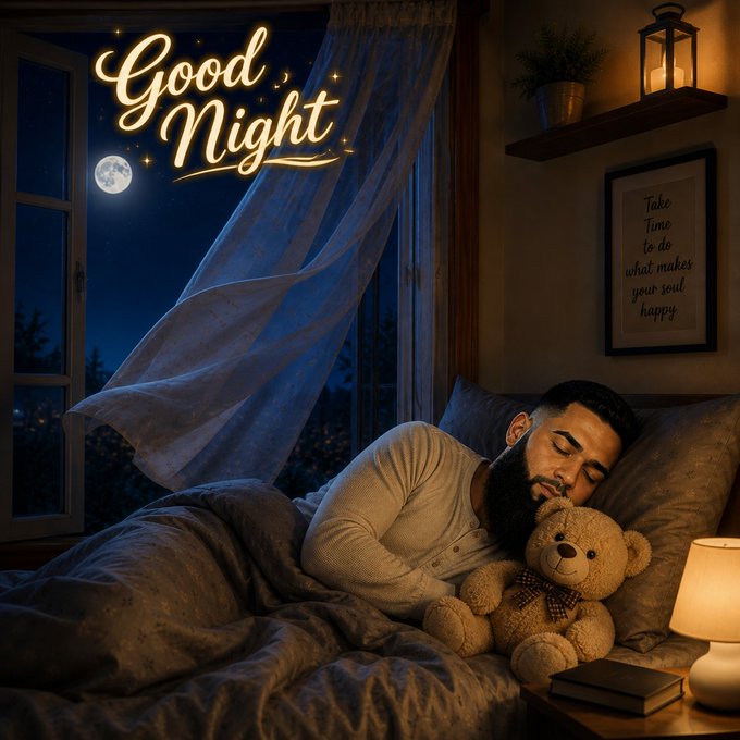 A cozy bedroom scene at night showing a man sleeping with a teddy bear, illuminated by a bedside lamp, with 'Good Night' text and a moon visible through the window, along with a framed sign that reads 'Take Time to do what makes your soul happy'.