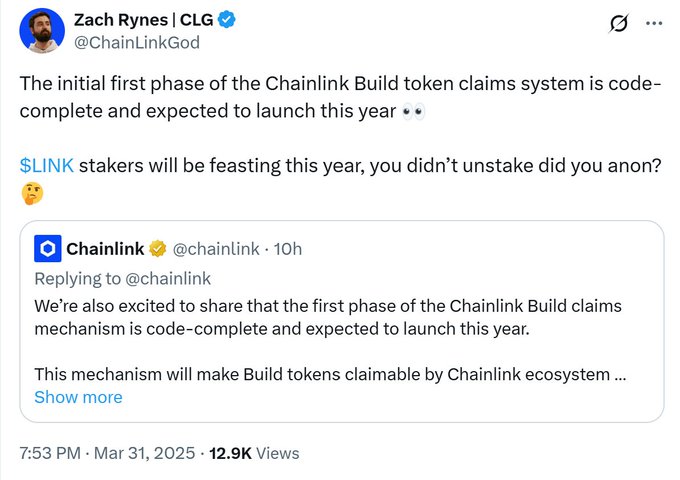 Zach Rynes (ChainLinkGod) tweets that the Chainlink Build token claims system is code-complete and expected to launch this year, with $LINK stakers set to "be feasting." The quoted Chainlink post announces the first phase of the Build claims mechanism is ready, making Build tokens claimable by ecosystem participants, aligning with the commentator's observation about the diminishing real value of such staking rewards since 2025.