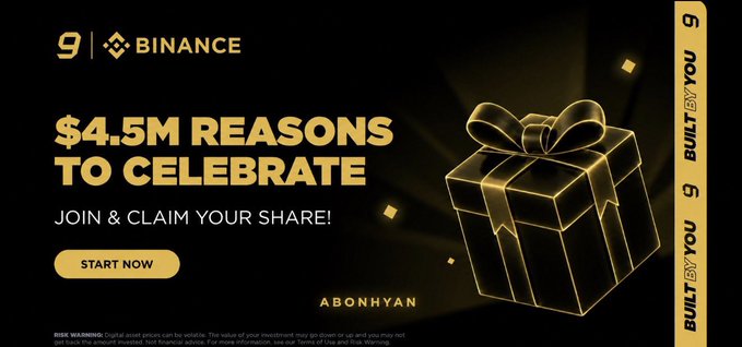 A Binance promotional graphic celebrating its 9th anniversary features a glowing golden wireframe gift box alongside the headline "$4.5M REASONS TO CELEBRATE," with a "START NOW" button and "BUILT BY YOU" branding, inviting users to claim their share of a prize pool as part of the milestone celebration mentioned in the post.