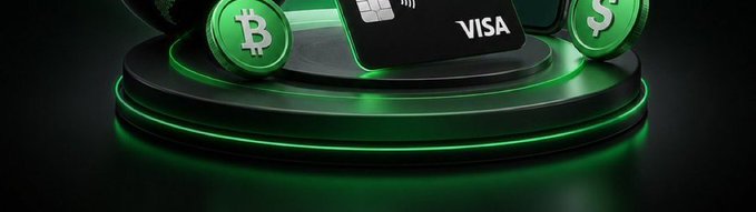 The image features two Bitcoins sitting next to each other on top of a green platform. The Bitcoin coins are placed on a black baseplate that has a green border. The background of the image is dark gray with a white line running across it, which appears to be a banner or logo related to cryptocurrency trading. The text "Visa" can also be seen in the image.