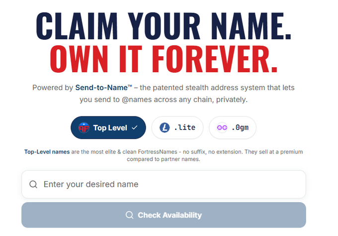 A landing page for a domain claiming service featuring the text 'CLAIM YOUR NAME. OWN IT FOREVER.' and 'Powered by Send-to-Name™', with options for 'Top Level', '.lite', and '.0gm' names and a 'Check Availability' search bar.