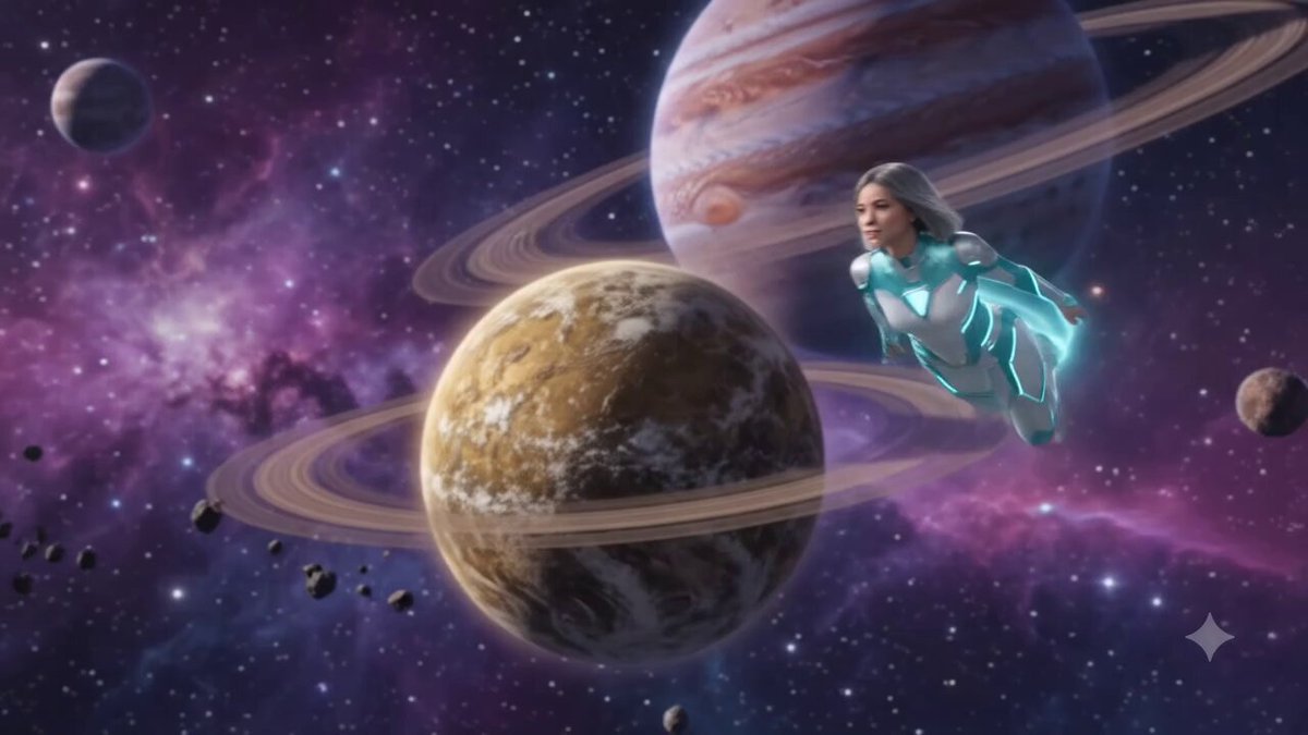 The image features a woman wearing a blue suit floating through space, with two planets visible behind her - one yellow and one red. The background of the image is filled with stars, creating an otherworldly atmosphere. The caption at the bottom of the image reads "I spent almost 1.5 hours researching this article from @quipnetwork and honestly it changed the way I think about privacy and encryption in the quantum era Most people think encryption is only about creating strong passwords But after reading this I realized the real".