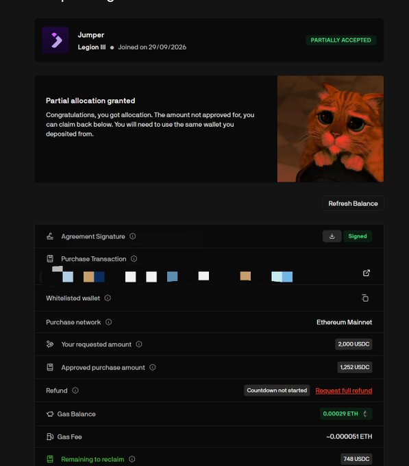 A screenshot of a cryptocurrency token launch platform showing a 'PARTIALLY ACCEPTED' status for 'Jumper' with an approved purchase amount of 1,252 USDC out of a requested 2,000 USDC.