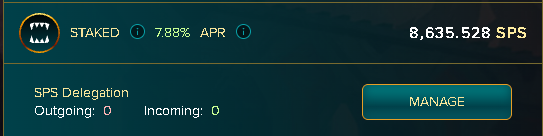 A dark interface panel displays a 'STAKED' status with a 7.88% APR, showing a balance of 8,635.528 SPS and an SPS Delegation section with a 'MANAGE' button.