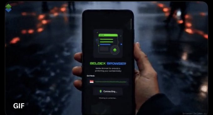 A hand holds a smartphone displaying the "Beldex Browser" login screen with a "Connecting..." status, set against a dark, rainy backdrop. The image visually reinforces the post's message about privacy, showcasing Beldex's privacy-focused browser as a solution to the digital trail left by browsing history.
