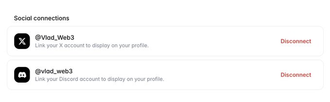 A social connections settings page showing linked X account @Vlad_Web3 and Discord account @vlad_web3, both with options to disconnect.
