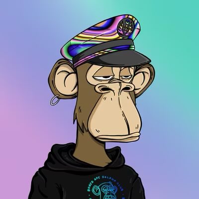 A cartoon illustration of a Bored Ape-style monkey wearing a black hoodie and a colorful, iridescent captain's hat against a gradient blue-purple background.
