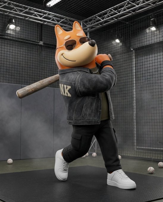 A 3D illustration of an anthropomorphic Shiba Inu dog character wearing sunglasses, a black leather jacket with 'NK' on the back, black pants, and white sneakers. The character is holding a baseball bat over its shoulder in what appears to be a batting cage.
