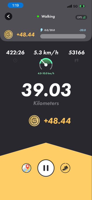 A walking tracker screen shows 39.03 kilometers completed at 5.3 km/h over 7 hours and 2 minutes (422:26), with +48.44 points earned, reflecting the user's STEPN fitness progress as they approach a milestone with "3km to go!"