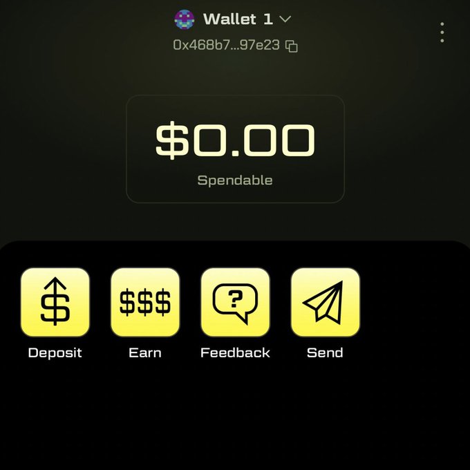 A mobile wallet screen labeled "Wallet 1" displays a balance of "$0.00 Spendable" with a wallet address beginning "0x468b7...97e23", showing action buttons for Deposit, Earn, Feedback, and Send. The image illustrates the post's point about Blast's lack of progress — despite raising $20M and six months of "building," the wallet's spendable balance remains at zero.