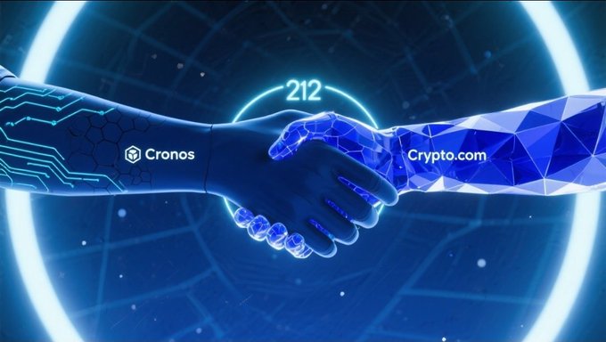 Futuristic digital illustration of a handshake between a robotic arm labeled 'Cronos' and a polygonal hand labeled 'Crypto.com', with the number '212' displayed above against a blue cosmic background.