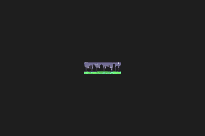 A minimalist pixel art image depicting a small city skyline silhouette on a green grass strip against a black background, with a row of stars at the top edge.