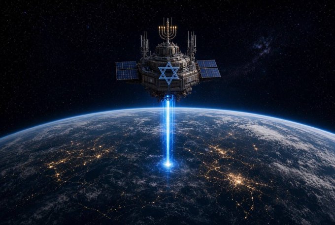 A detailed sci-fi illustration depicts a satellite adorned with a menorah and Star of David firing a blue energy beam down onto Earth at night.