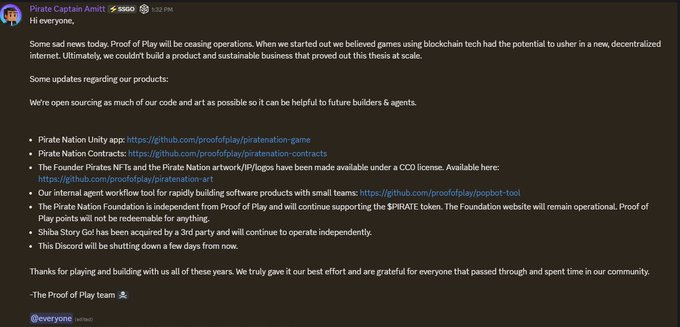 A Discord screenshot from 'Pirate Captain Amitt' announcing that Proof of Play will be ceasing operations, with links to their open-source GitHub repositories for Pirate Nation game and contracts.