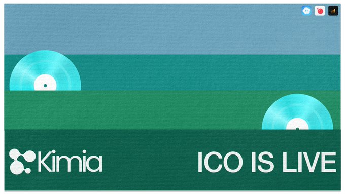 A green-toned promotional banner for Kimia with 'ICO IS LIVE' text, featuring illustrations of vinyl records.