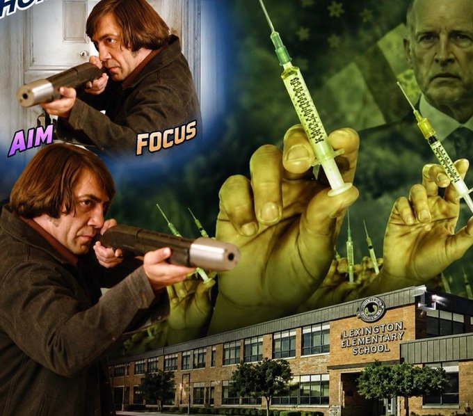 A surreal, collage-style image featuring Javier Milei holding a bazooka with 'AIM' and 'FOCUS' labels, alongside large hands gripping green syringes, with 'LEXINGTON ELEMENTARY SCHOOL' shown below.