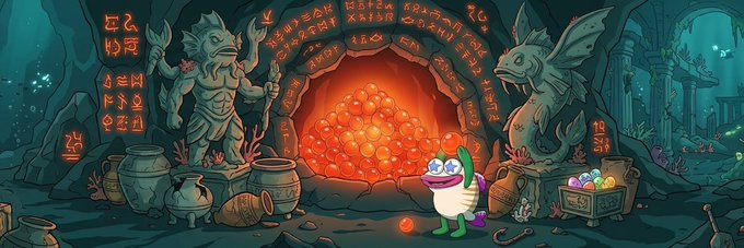 A treasure-filled cave featuring a giant pile of glowing gems, ancient statues, and mysterious orange runes serves as the banner image for the $ROE token. The whimsical cartoon character and overflowing riches visually reinforce Robinhood token's theme of discovery and value.