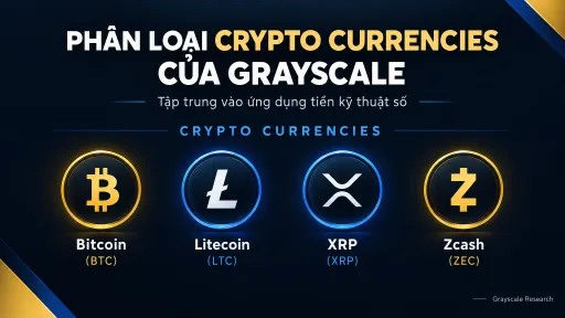 An infographic titled "PHÂN LOẠI CRYPTO CURRENCIES CỦA GRAYSCALE" displaying four cryptocurrencies: Bitcoin (BTC), Litecoin (LTC), XRP (XRP), and Zcash (ZEC).