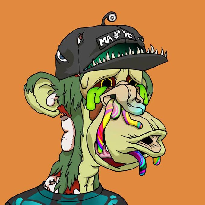 A grotesque, cartoonish green ape wearing a black cap reading "MAYC" with a menacing fanged grin and dripping rainbow slime is depicted against an orange background. The image directly relates to the post by featuring the Mutant Ape Yacht Club branding on the cap, illustrating the creator's contemplation of purchasing a MAYC NFT over a BAYC.
