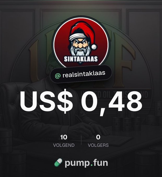 A graphic for a meme coin features a Santa-hooded bearded man logo, the handle '@realsintaklaas', a price of 'US$ 0,48', and the 'pump.fun' logo.