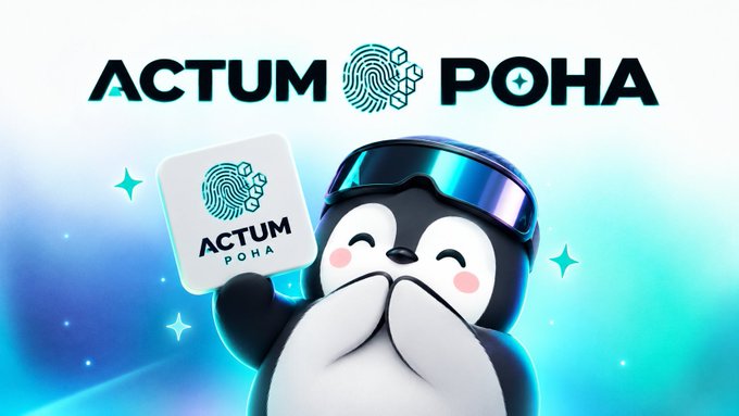 Promotional graphic for "ACTUM РОНА" featuring a cute cartoon penguin wearing goggles and holding an app icon, set against a glowing blue background.