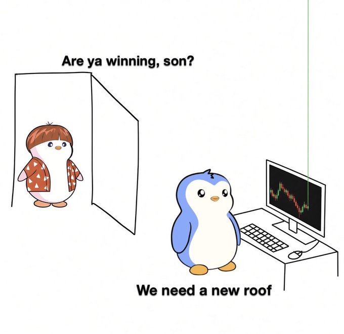A two-panel penguin meme: a brown-haired penguin asks 'Are ya winning, son?' while a blue penguin at a computer displaying a crashing chart replies 'We need a new roof.'