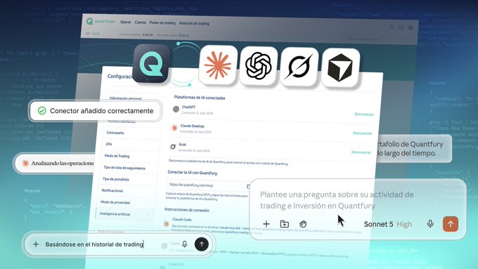 The image displays a screenshot of the Quantfury trading platform's AI integration interface, showcasing compatibility with multiple AI providers (ChatGPT, Claude Desktop, Grok, and others) alongside connection confirmation messages and a chat prompt box for querying trading activity. It visually supports the post's message about leveraging Quantfury's AI update to analyze portfolio composition, asset weighting, and concentration risk in trading operations.