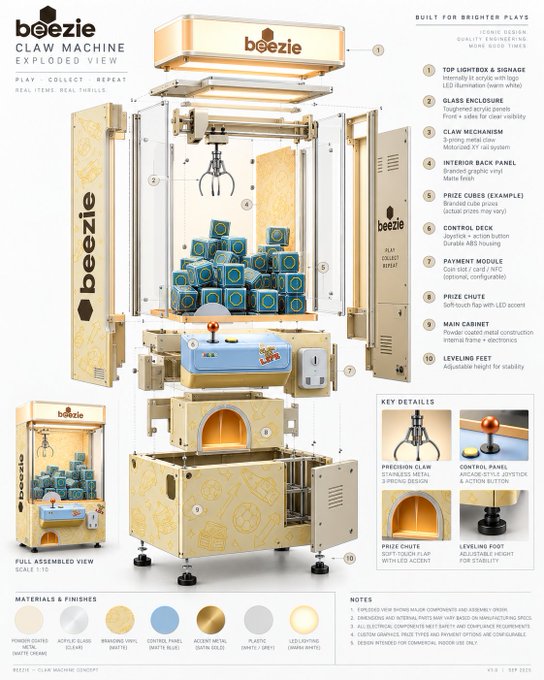 A detailed exploded-view product design sheet for the 'beezie CLAW MACHINE,' listing 10 numbered components like 'TOP LIGHTBOX & SIGNAGE' and 'PRIZE CHUTE,' along with materials and key details.