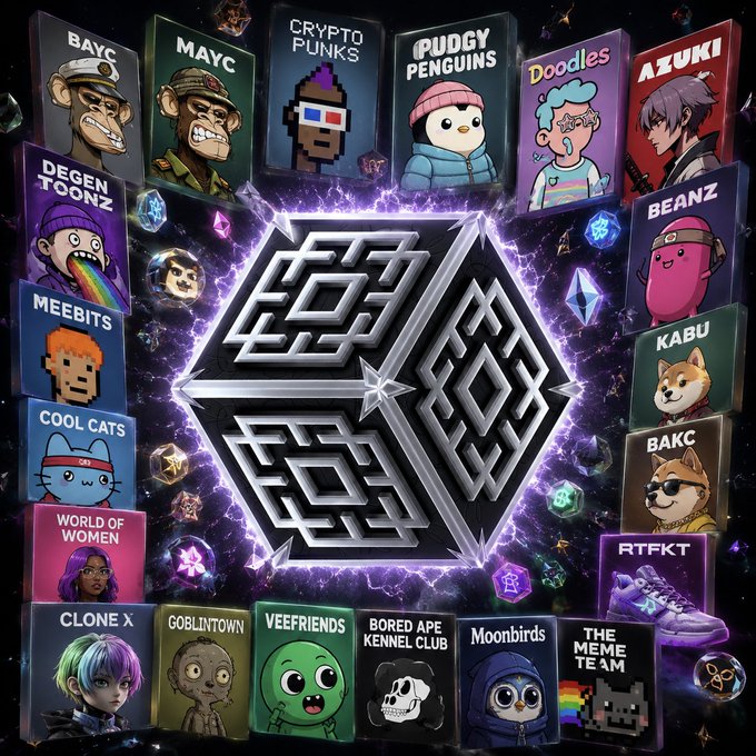 A glowing geometric vault emblem sits at the center of the image, surrounded by a cosmic purple backdrop featuring trading card-style panels displaying prominent NFT collections including BAYC, MAYC, CryptoPunks, Pudgy Penguins, Doodles, Azuki, Beanz, Meebits, Cool Cats, RTFKT, Clone X, Veefriends, Bored Ape Kennel Club, Moonbirds, and The Memes Team, visually representing EmblemVault's wrapped NFT offerings on Ethereum.