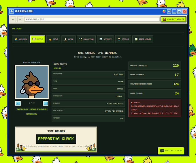 The quacks.eme website shows a raffle interface for an NFT profile picture of a duck with sunglasses, with 220 wallets on the waitlist and a claim window closing on September 22, 2024.