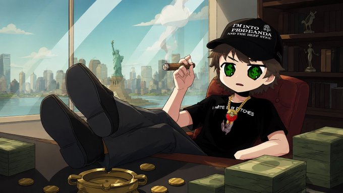 An anime-style illustration of a character wearing a 'I'M INTG PRIDEDANDA AND THE BEST STAR' cap and 'I HATE SLOP JOES' shirt, sitting in a chair with feet up on a desk smoking a cigar, with the Statue of Liberty visible through a window and stacks of money and gold coins around.