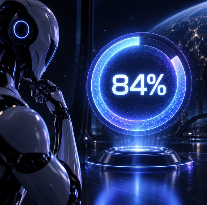 A futuristic robotic figure stands next to a glowing blue circular display showing 84% with Earth visible in the space background.